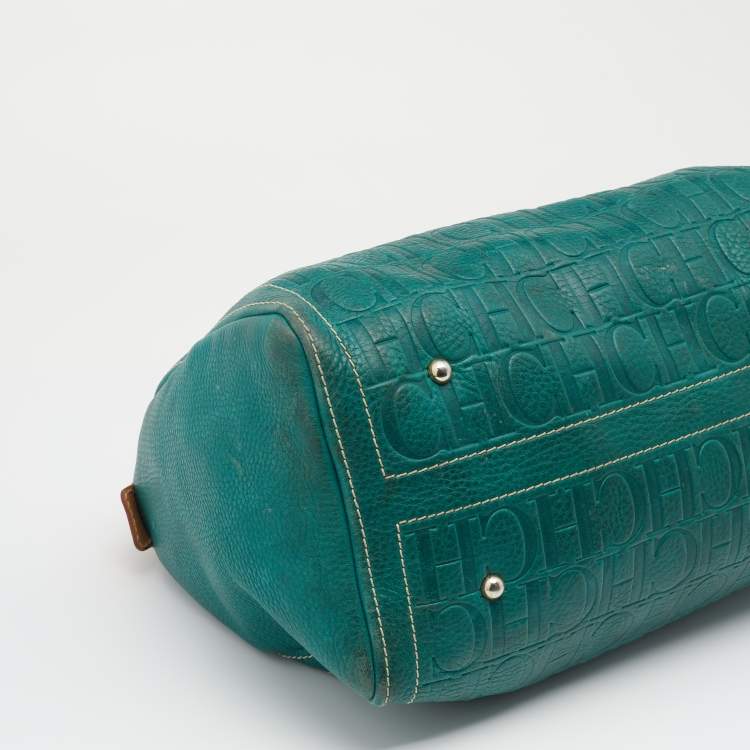 Pre Owned CH Carolina Herrera Green/Brown Monogram Embossed Leather Andy Boston Bag