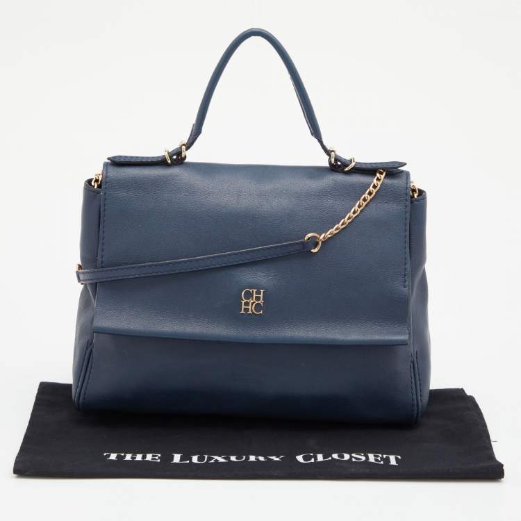 Pre Owned CH Carolina Herrera Navy Blue Leather Minuetto Top Handle Bag