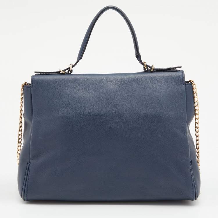 Pre Owned CH Carolina Herrera Navy Blue Leather Minuetto Top Handle Bag