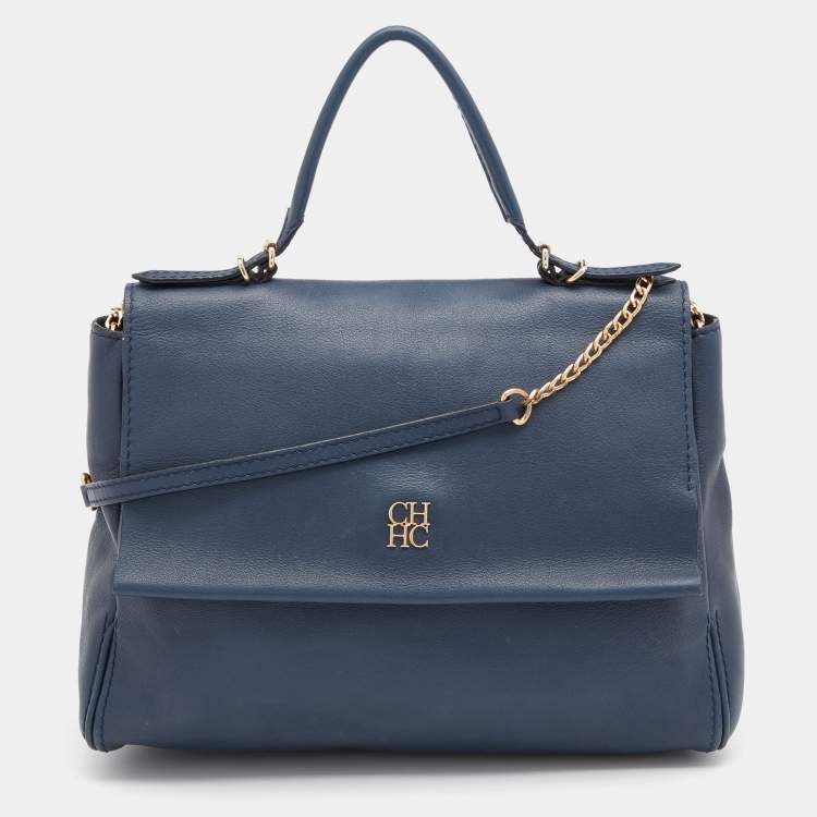 Pre Owned CH Carolina Herrera Navy Blue Leather Minuetto Top Handle Bag
