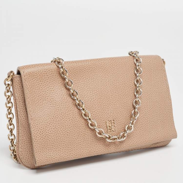 Pre Owned CH Carolina Herrera Beige Leather Flap Chain Shoulder Bag