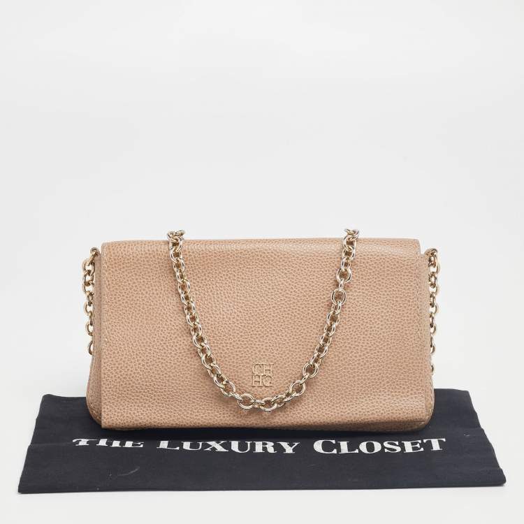 Pre Owned CH Carolina Herrera Beige Leather Flap Chain Shoulder Bag