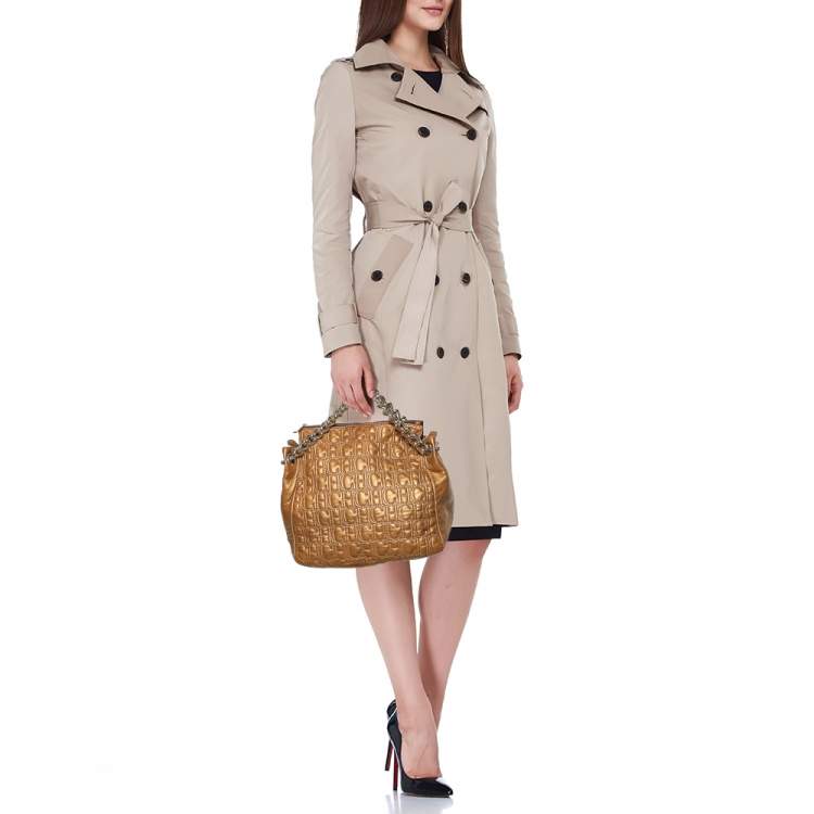 Pre Owned CH Carolina Herrera Metallic Gold Quilted Monogram Satchel