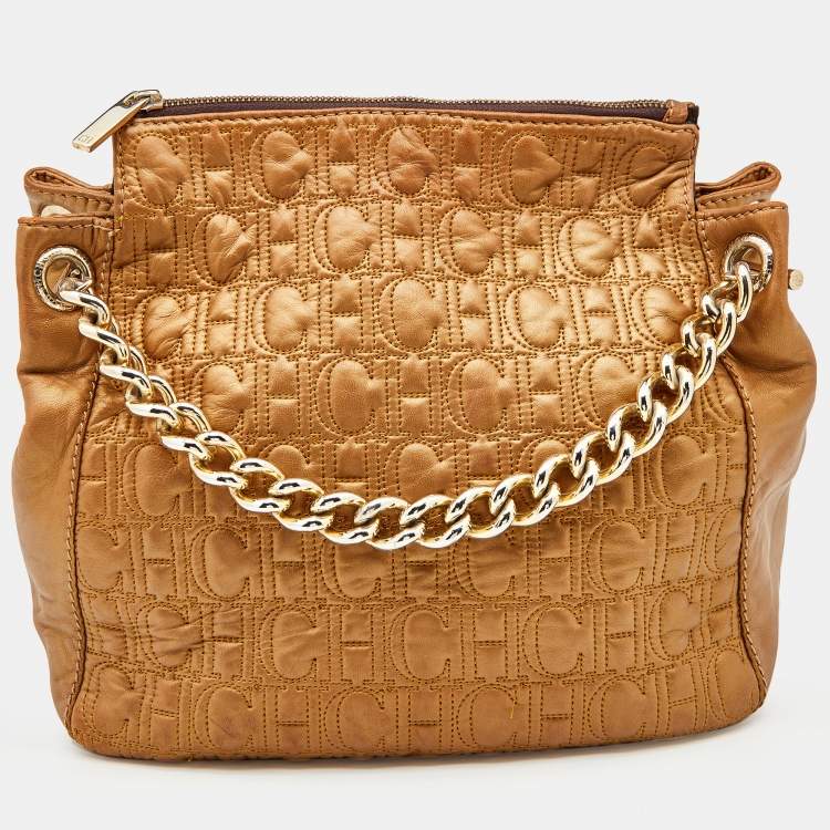 Pre Owned CH Carolina Herrera Metallic Gold Quilted Monogram Satchel
