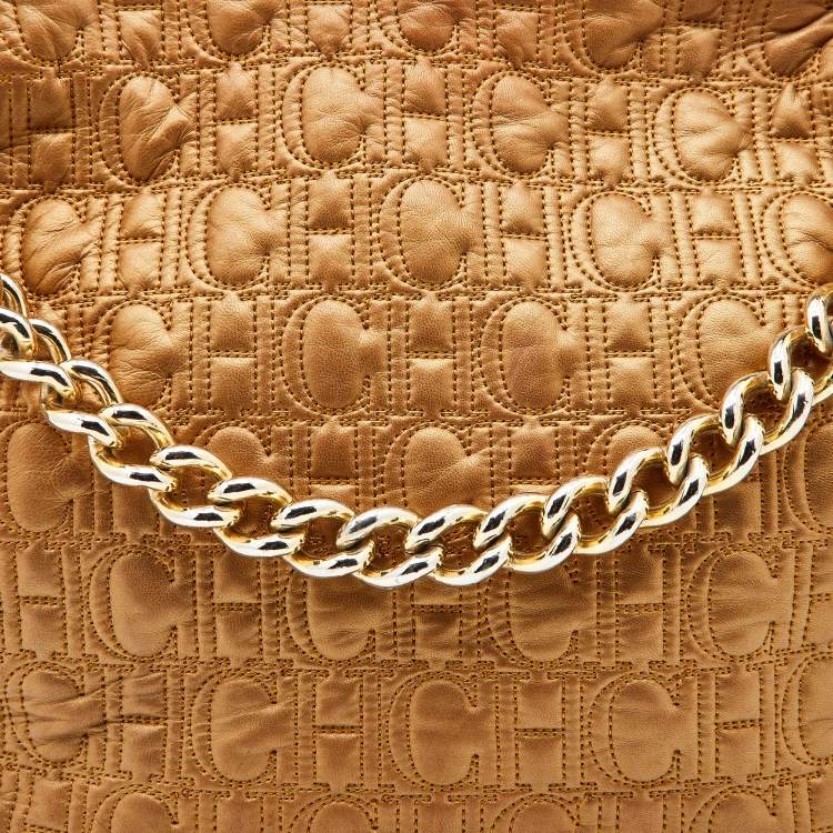 Pre Owned CH Carolina Herrera Metallic Gold Quilted Monogram Satchel