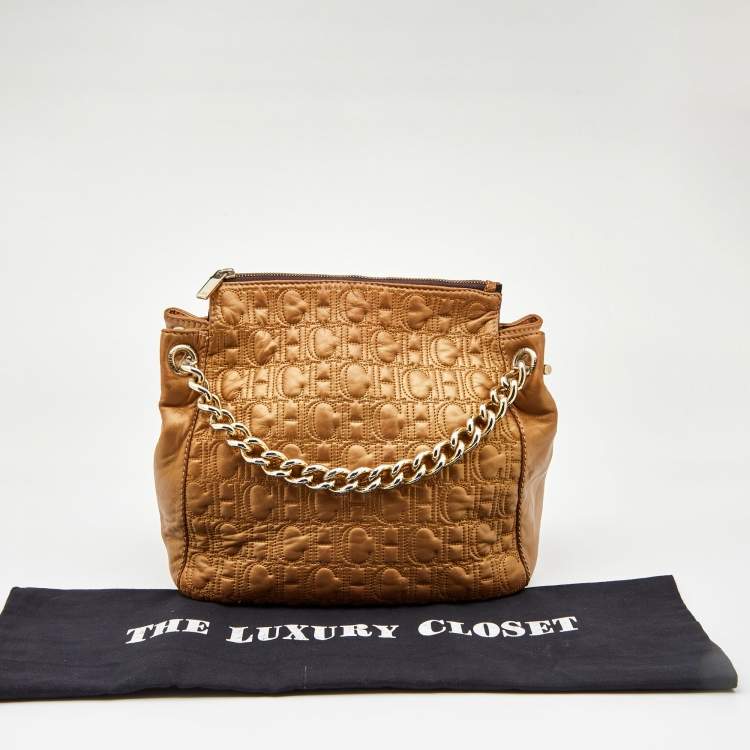 Pre Owned CH Carolina Herrera Metallic Gold Quilted Monogram Satchel