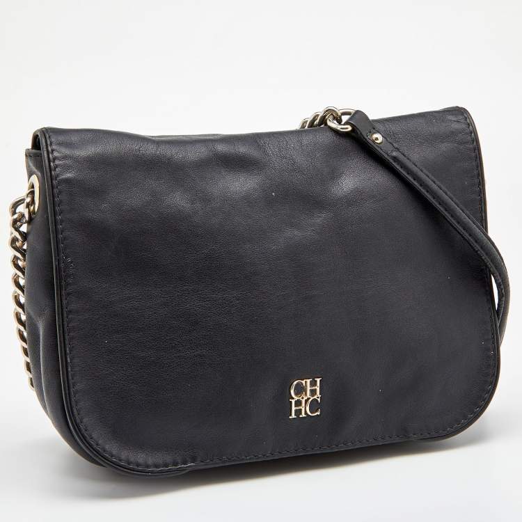 Pre Owned CH Carolina Herrera Black Leather Chain Flap Shoulder Bag