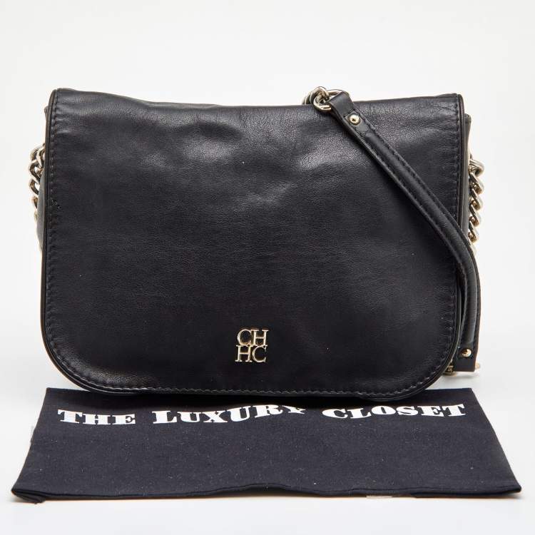 Pre Owned CH Carolina Herrera Black Leather Chain Flap Shoulder Bag