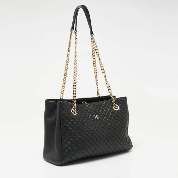 Pre Owned CH Carolina Herrera Black Micro Quilted Leather Chain Tote