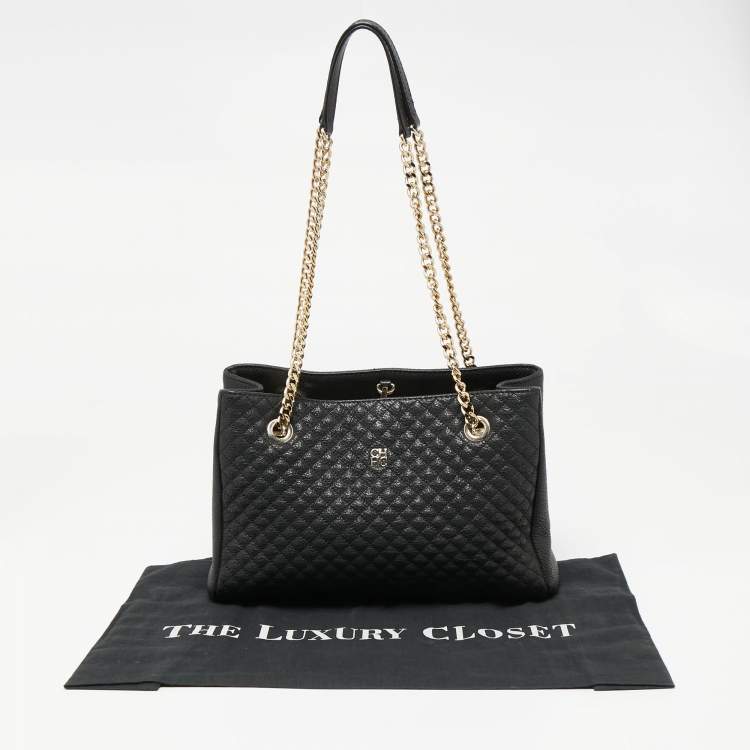 Pre Owned CH Carolina Herrera Black Micro Quilted Leather Chain Tote