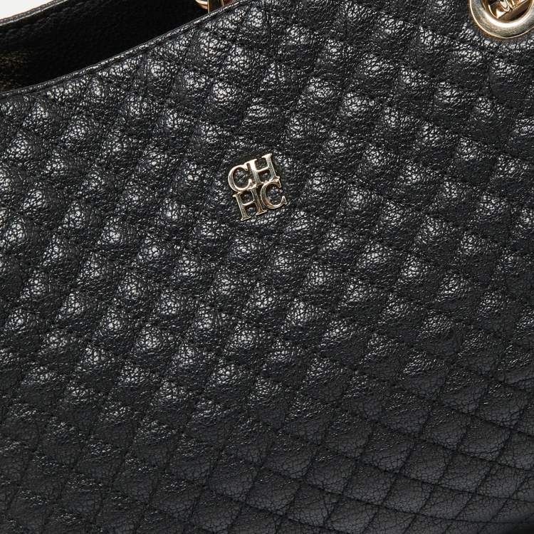 Pre Owned CH Carolina Herrera Black Micro Quilted Leather Chain Tote
