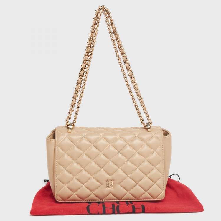 Pre Owned CH Carolina Herrera Beige Quilted Leather Flap Shoulder Bag
