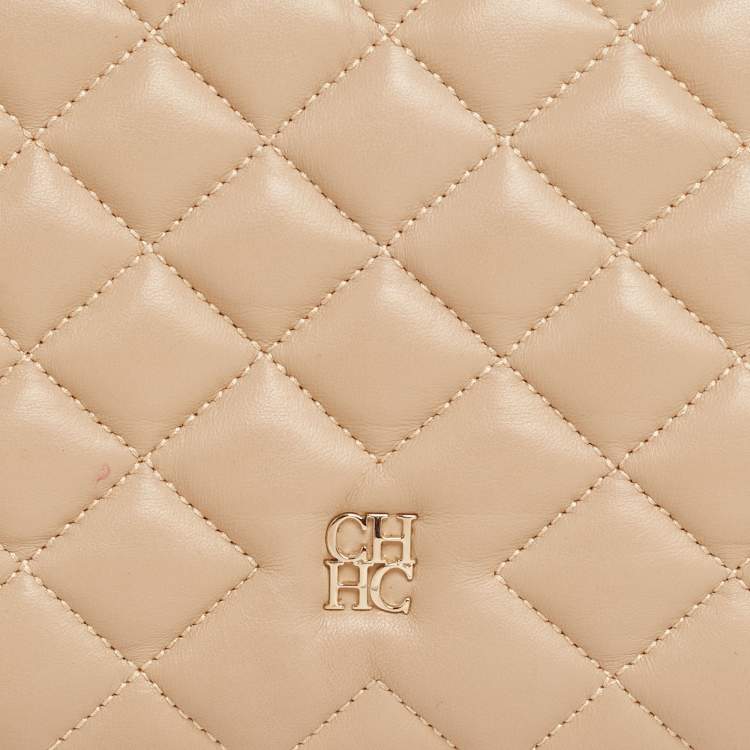 Pre Owned CH Carolina Herrera Beige Quilted Leather Flap Shoulder Bag