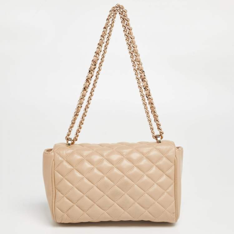 Pre Owned CH Carolina Herrera Beige Quilted Leather Flap Shoulder Bag