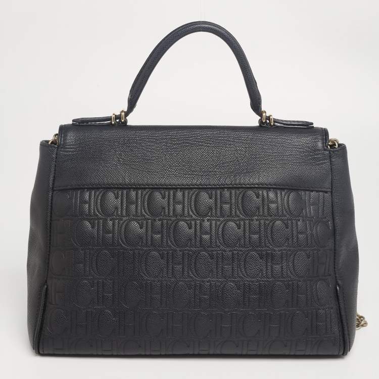 Pre Owned CH Carolina Herrera Black Monogram Embossed Leather Minuetto Top Handle Bag