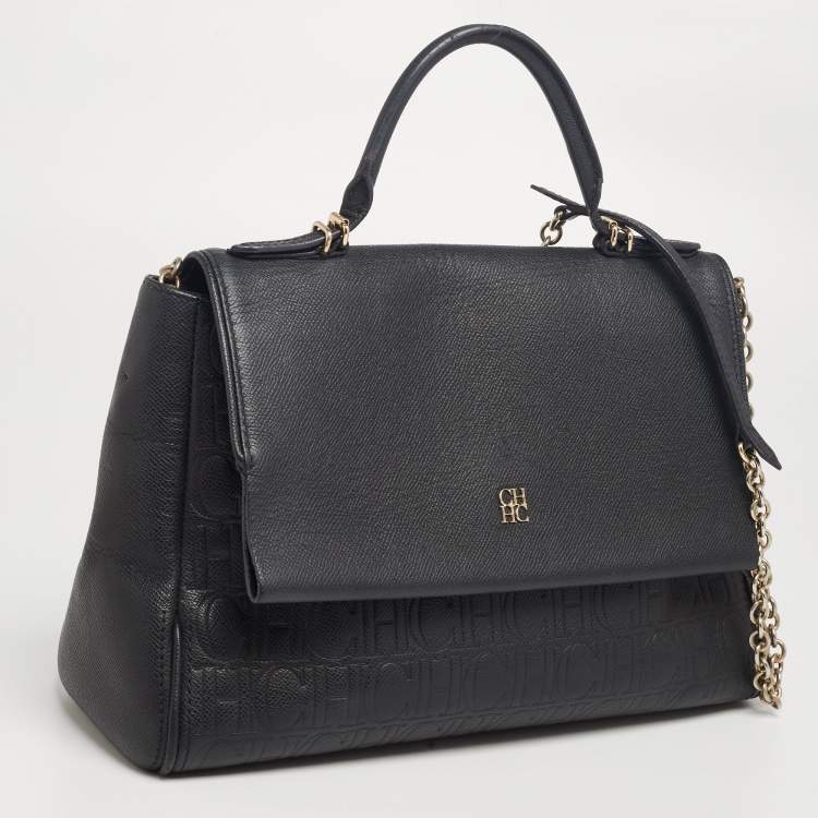 Pre Owned CH Carolina Herrera Black Monogram Embossed Leather Minuetto Top Handle Bag