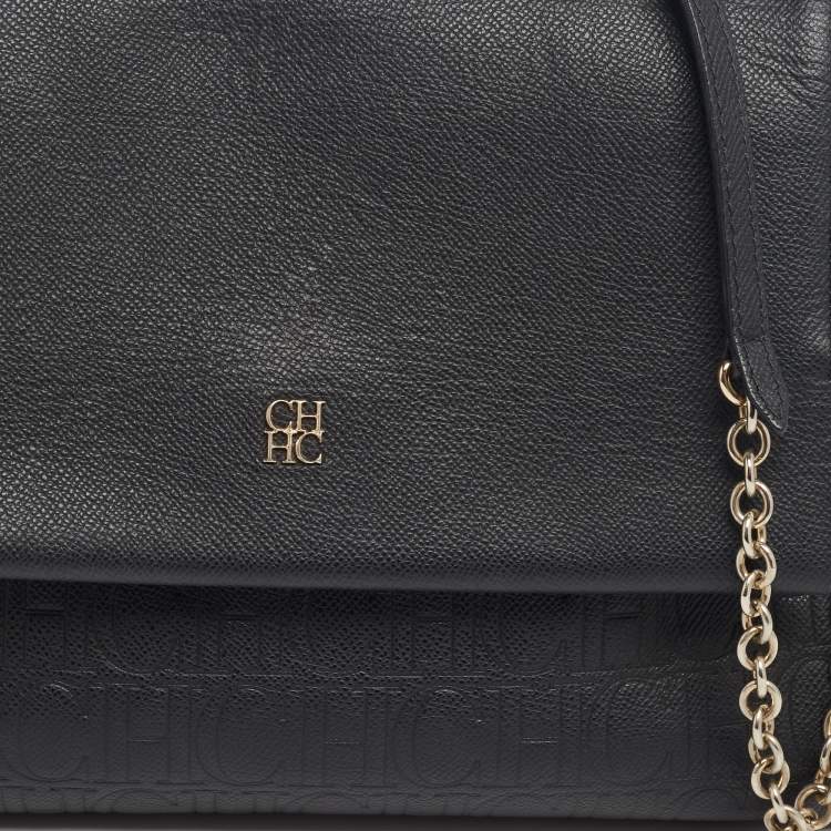 Pre Owned CH Carolina Herrera Black Monogram Embossed Leather Minuetto Top Handle Bag
