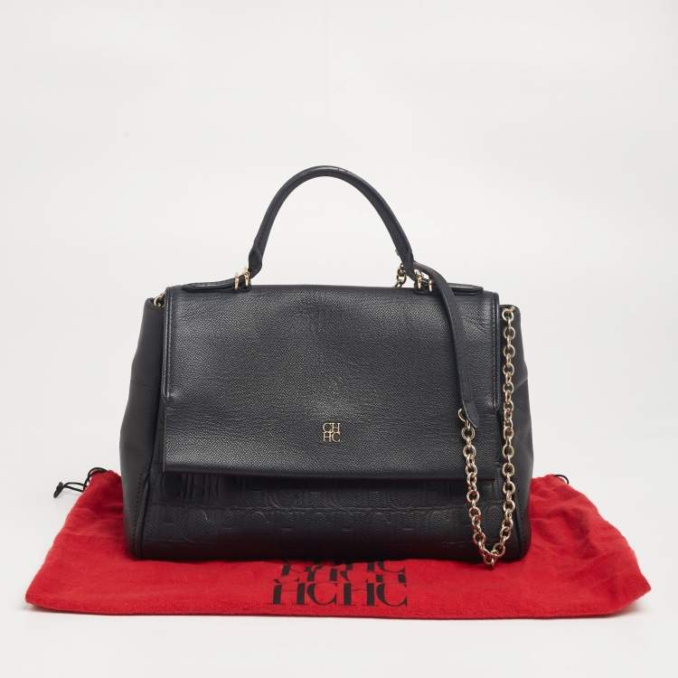 Pre Owned CH Carolina Herrera Black Monogram Embossed Leather Minuetto Top Handle Bag
