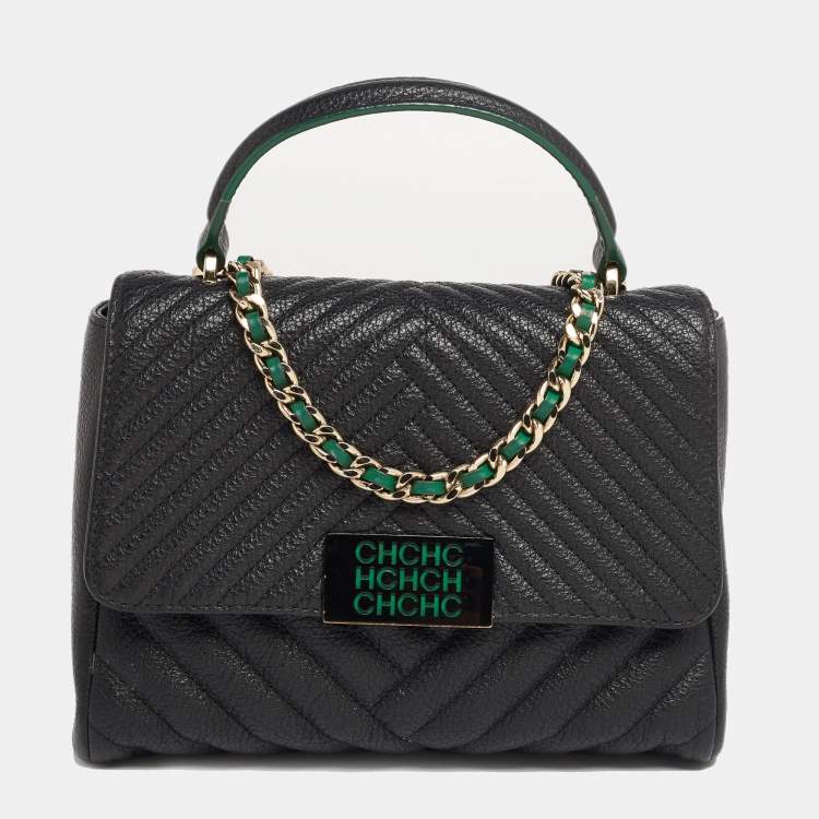 Pre Owned CH Carolina Herrera Black Quilted Leather Flap Top Handle Bag