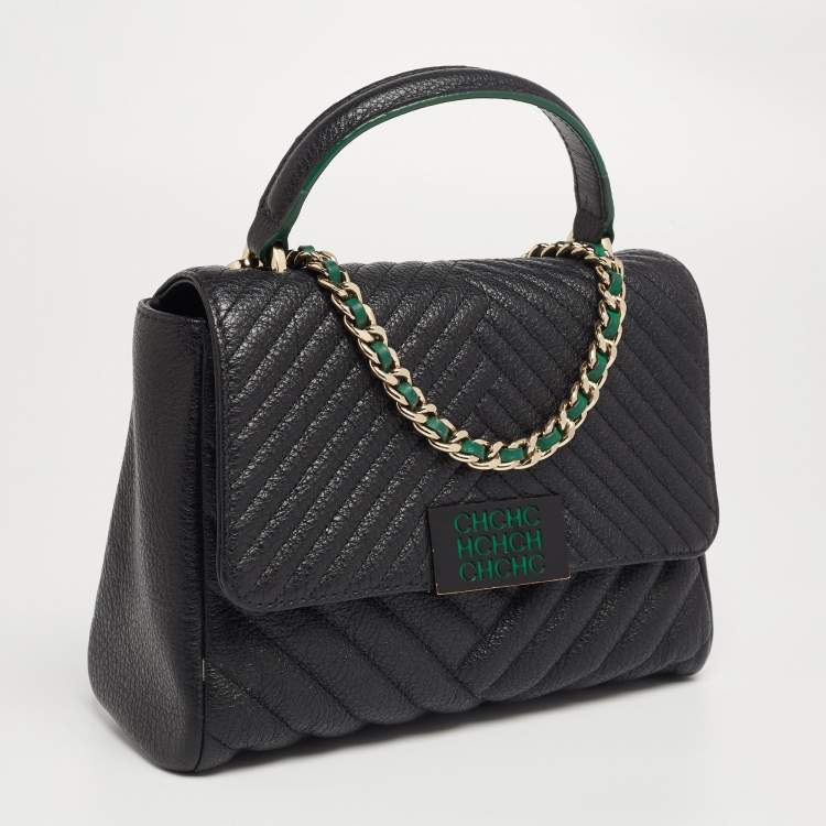 Pre Owned CH Carolina Herrera Black Quilted Leather Flap Top Handle Bag