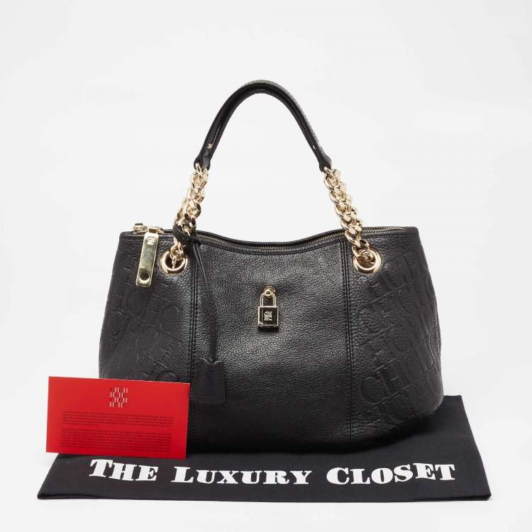 Pre Owned CH Carolina Herrera Black Monogram Embossed Leather Dahlia Hobo