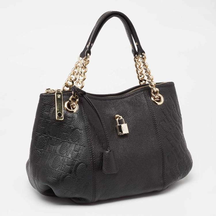 Pre Owned CH Carolina Herrera Black Monogram Embossed Leather Dahlia Hobo