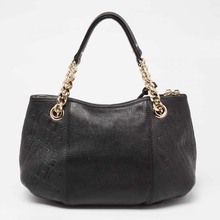 Pre Owned CH Carolina Herrera Black Monogram Embossed Leather Dahlia Hobo