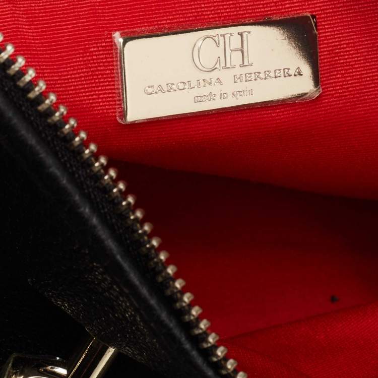 Pre Owned CH Carolina Herrera Black Monogram Embossed Leather Dahlia Hobo