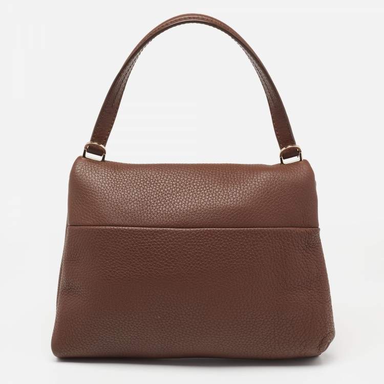 Pre Owned CH Carolina Herrera Dark Brown Leather Metal Flap Top Handle Bag
