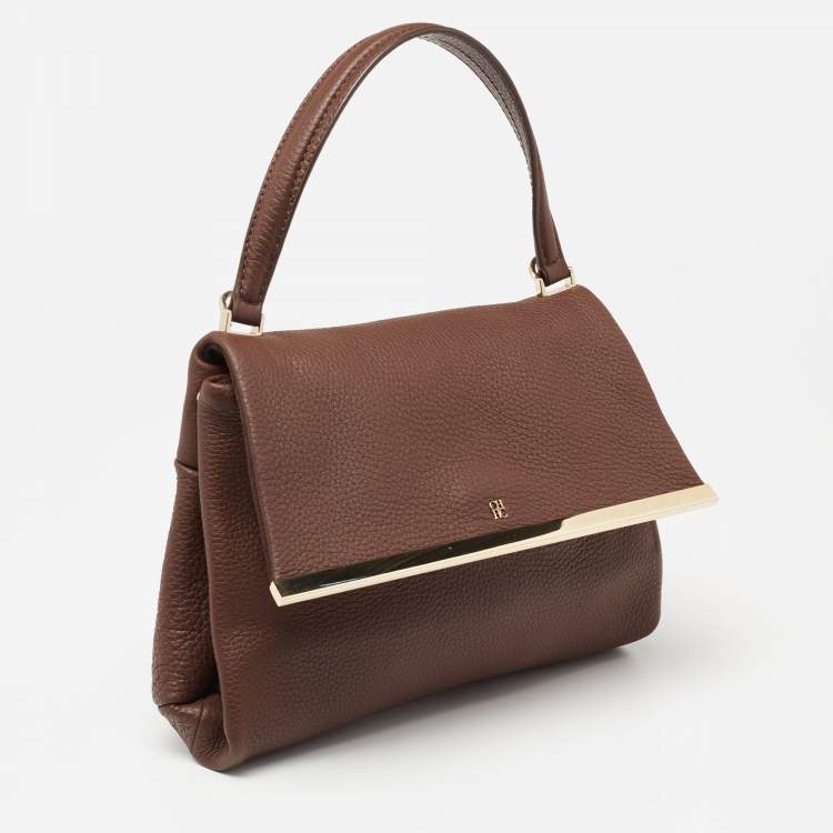 Pre Owned CH Carolina Herrera Dark Brown Leather Metal Flap Top Handle Bag