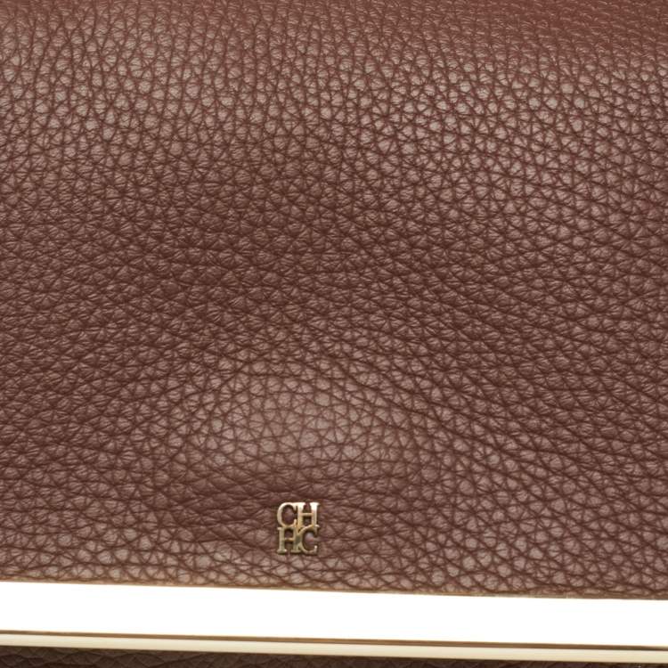 Pre Owned CH Carolina Herrera Dark Brown Leather Metal Flap Top Handle Bag