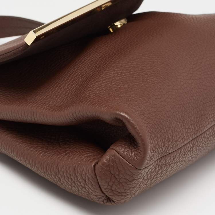 Pre Owned CH Carolina Herrera Dark Brown Leather Metal Flap Top Handle Bag