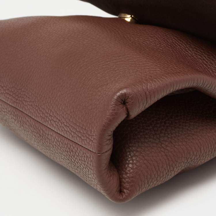 Pre Owned CH Carolina Herrera Dark Brown Leather Metal Flap Top Handle Bag
