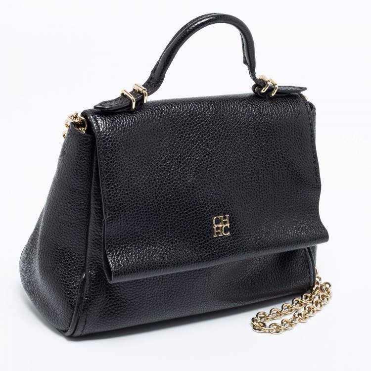 Pre Owned CH Carolina Herrera Black Leather Mini Minuetto Flap Top Handle Bag