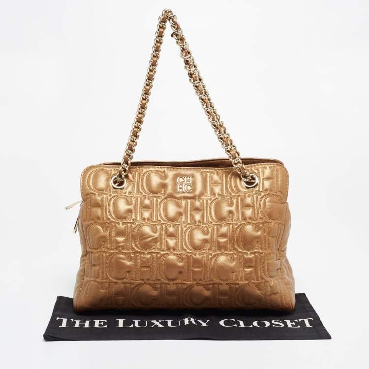Pre Owned CH Carolina Herrera Metallic Gold Monogram Quilted Leather Audrey Satchel
