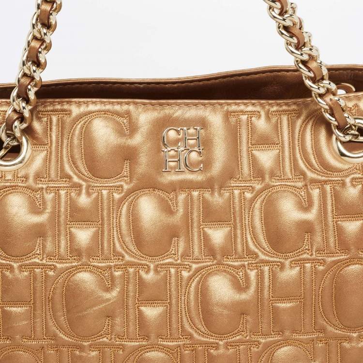 Pre Owned CH Carolina Herrera Metallic Gold Monogram Quilted Leather Audrey Satchel