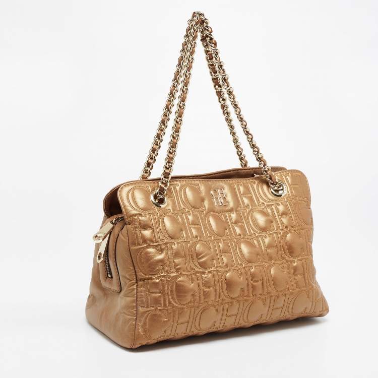Pre Owned CH Carolina Herrera Metallic Gold Monogram Quilted Leather Audrey Satchel