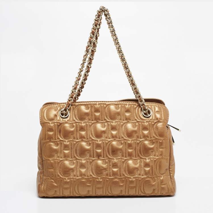 Pre Owned CH Carolina Herrera Metallic Gold Monogram Quilted Leather Audrey Satchel