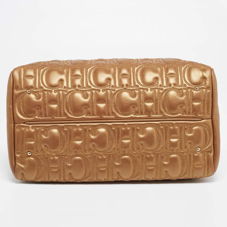 Pre Owned CH Carolina Herrera Metallic Gold Monogram Quilted Leather Audrey Satchel