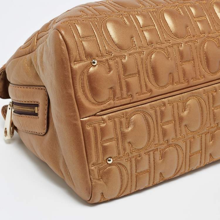 Pre Owned CH Carolina Herrera Metallic Gold Monogram Quilted Leather Audrey Satchel