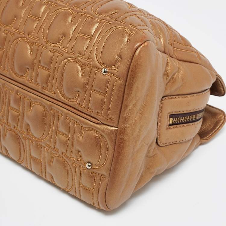 Pre Owned CH Carolina Herrera Metallic Gold Monogram Quilted Leather Audrey Satchel