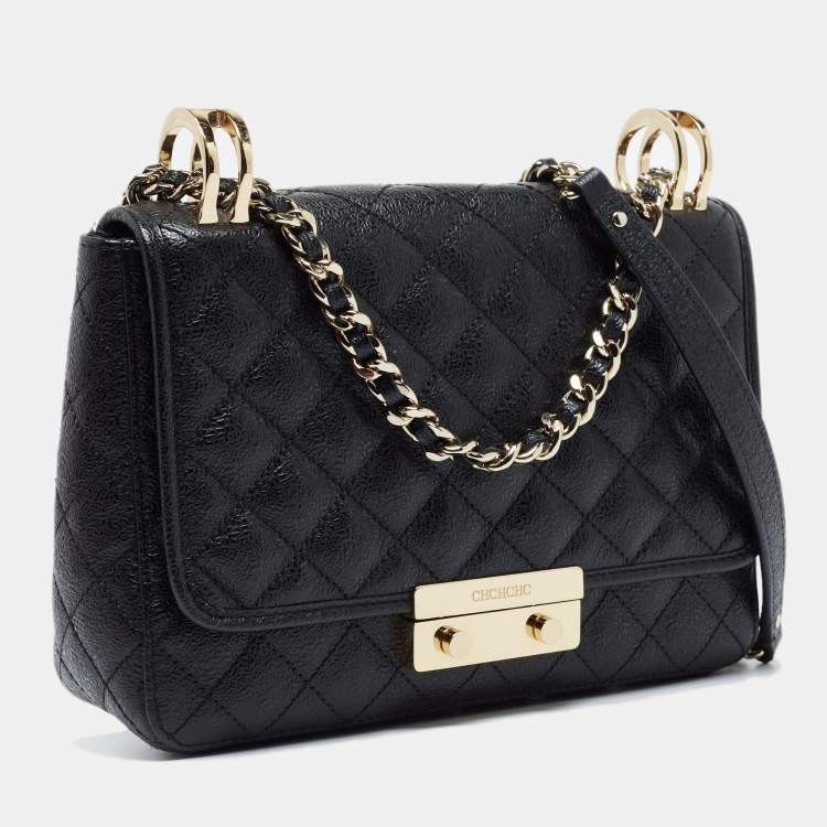 Pre Owned CH Carolina Herrera Black Quilted Leather Baret Clutch Shoulder Bag