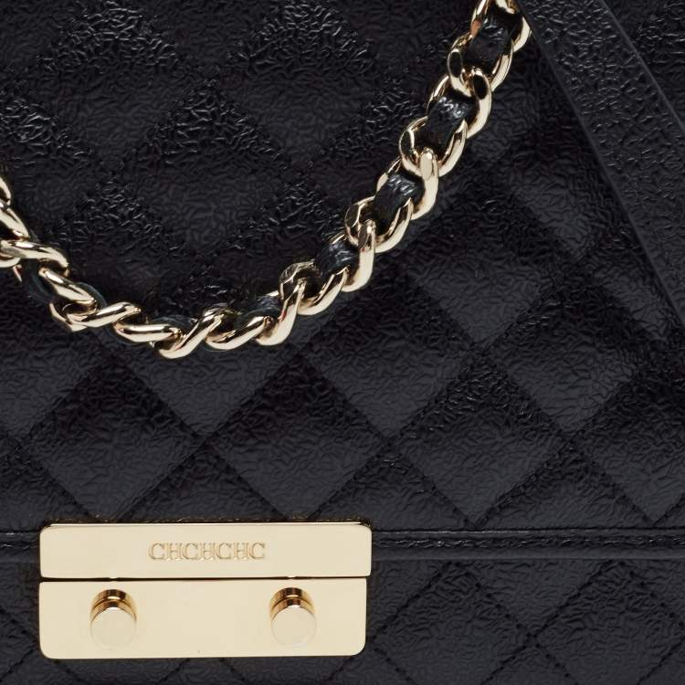 Pre Owned CH Carolina Herrera Black Quilted Leather Baret Clutch Shoulder Bag