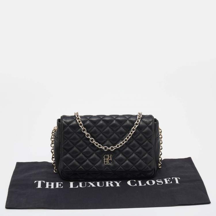 Pre Owned CH Carolina Herrera Black Quilted Leather Flap Chain Shoulder Bag