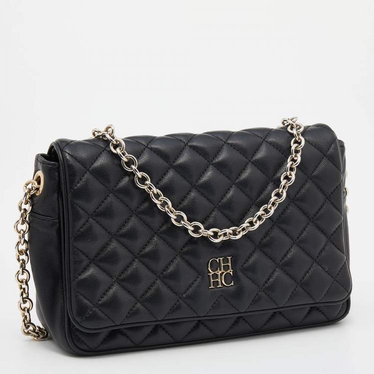 Pre Owned CH Carolina Herrera Black Quilted Leather Flap Chain Shoulder Bag