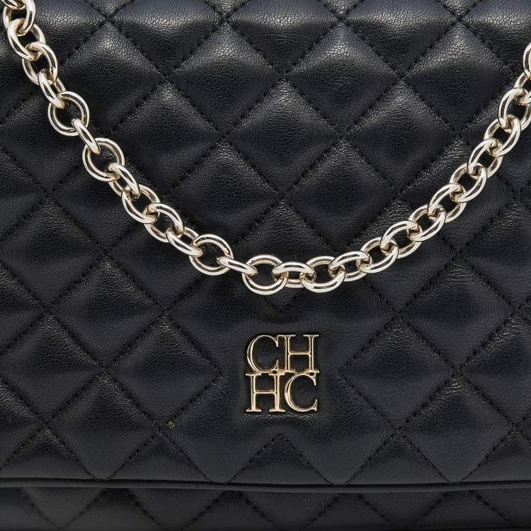 Pre Owned CH Carolina Herrera Black Quilted Leather Flap Chain Shoulder Bag