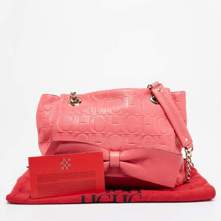 Pre Owned Carolina Herrera Pink Monogram Embossed Leather Audrey Shoulder Bag