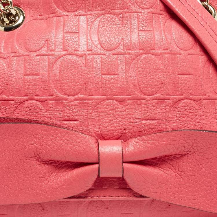 Pre Owned Carolina Herrera Pink Monogram Embossed Leather Audrey Shoulder Bag