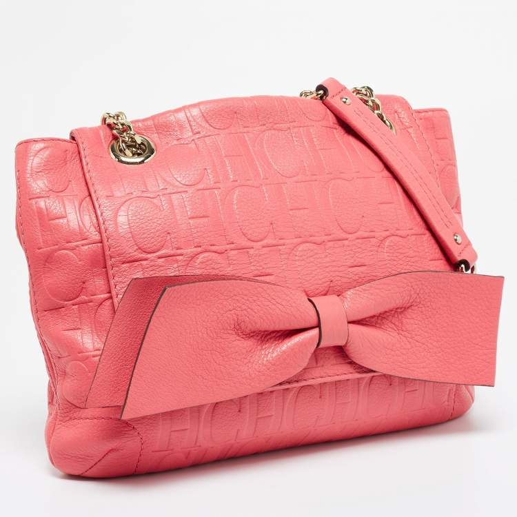 Pre Owned Carolina Herrera Pink Monogram Embossed Leather Audrey Shoulder Bag