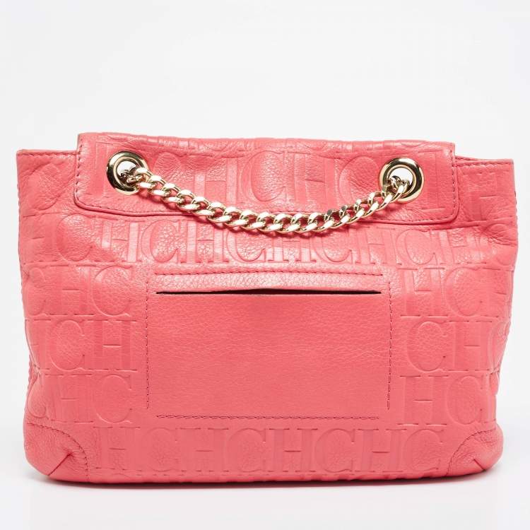 Pre Owned Carolina Herrera Pink Monogram Embossed Leather Audrey Shoulder Bag